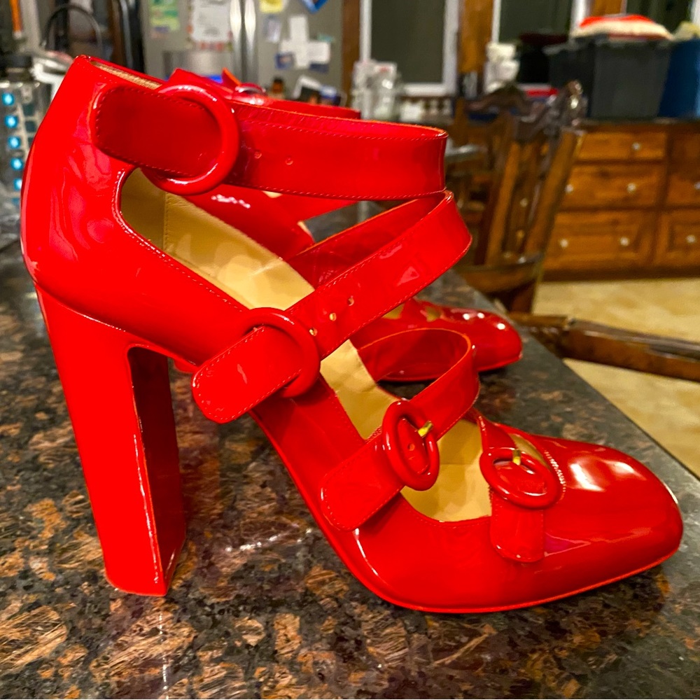 Lou Boutin shoes! Size 41, bought in NYC 2017, candy red, 4 buckles all work